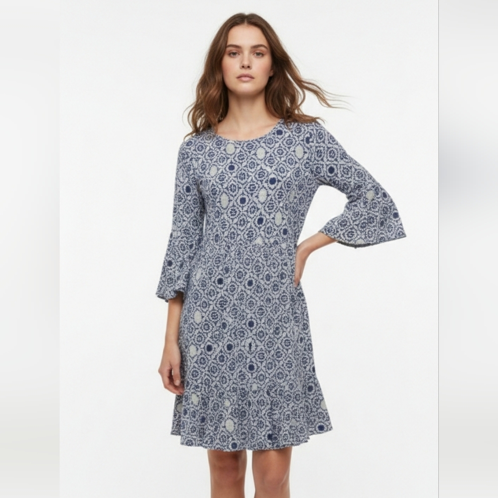 LuLaRoe Dress Blue Gray Midi Peasant Geometric Boho Shift M